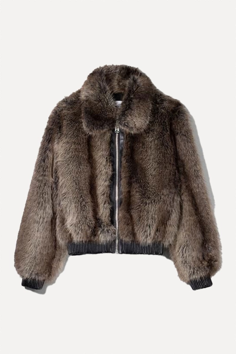 Leather Effect Contrast Faux Fur Jacket from Bershka