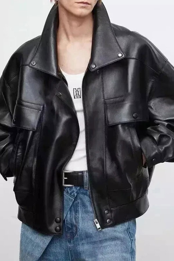 Oversized Genuine Leather Bomber Jacket Cargo Pockets Women from Vintage