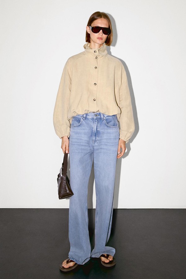 High Neck Linen Blend Bomber Jacket