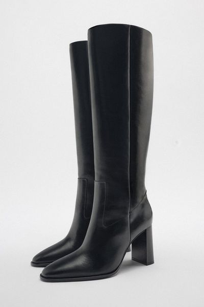 Leather Block Heel Knee-High Boots