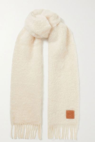 Leather Trimmed Fringed Mohair Blend Scarf from Loewe