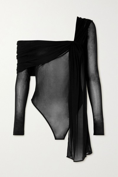 One-Shoulder Ruched Asymmetric Jersey Thong Bodysuit from Saint Laurent