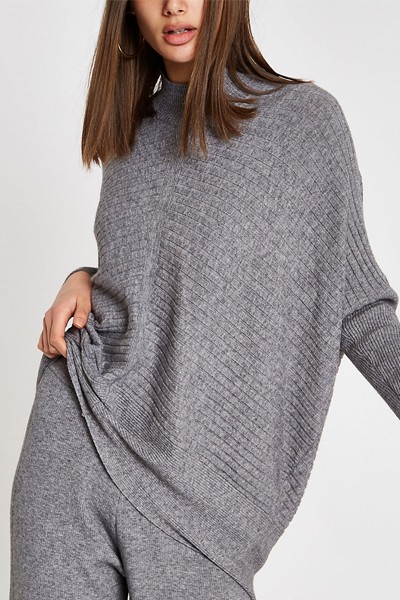 Grey Rib Knit High Neck Long Sleeve Jumper