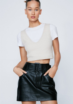 Real Leather Belted Mini Skirt