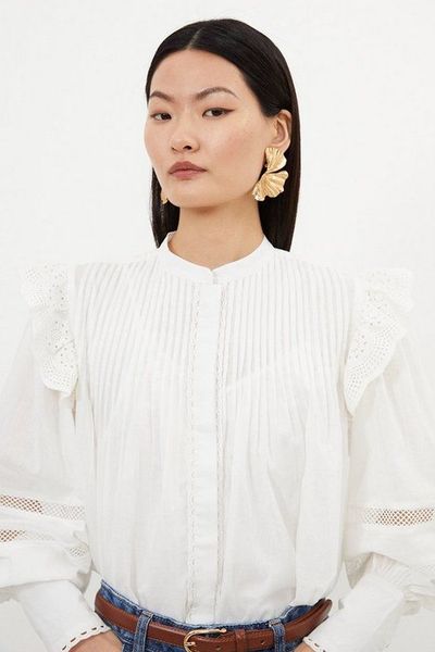 Cotton Lace Trim High Neck Woven Top