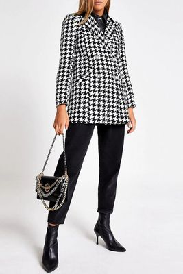 Black Dogtooth Print Double Breasted Jacket