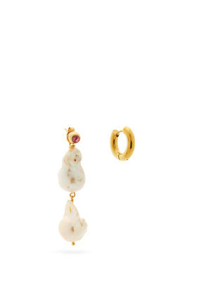 Mismatched Pearl & 24kt Gold-Plated Hoop Earrings from Timeless Pearly