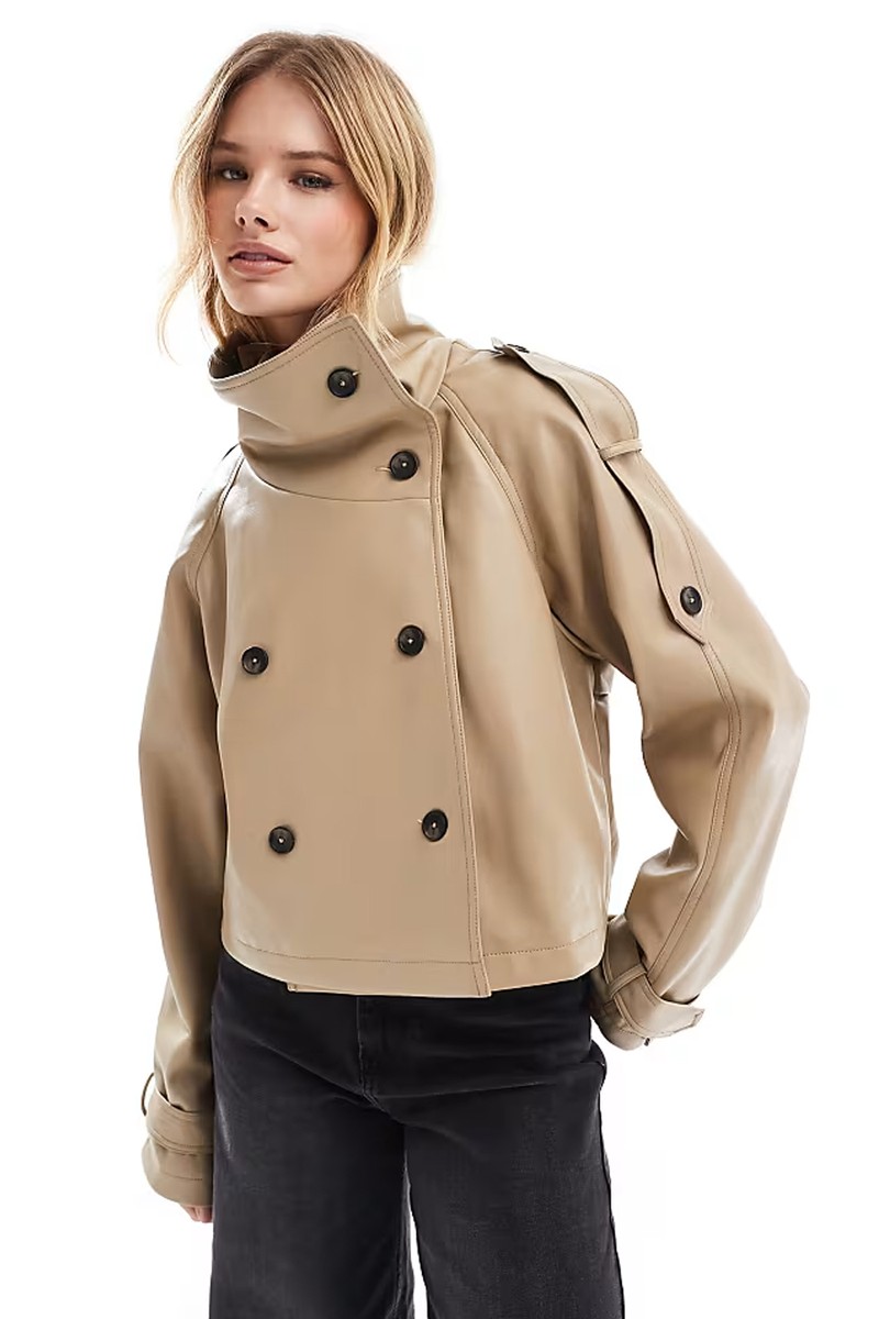Funnel Neck Leather Look Short Trench Coat from ASOS DESIGN