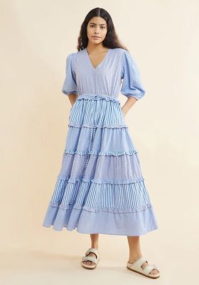 Pure Cotton Striped Midi Tiered Dress from Albaray