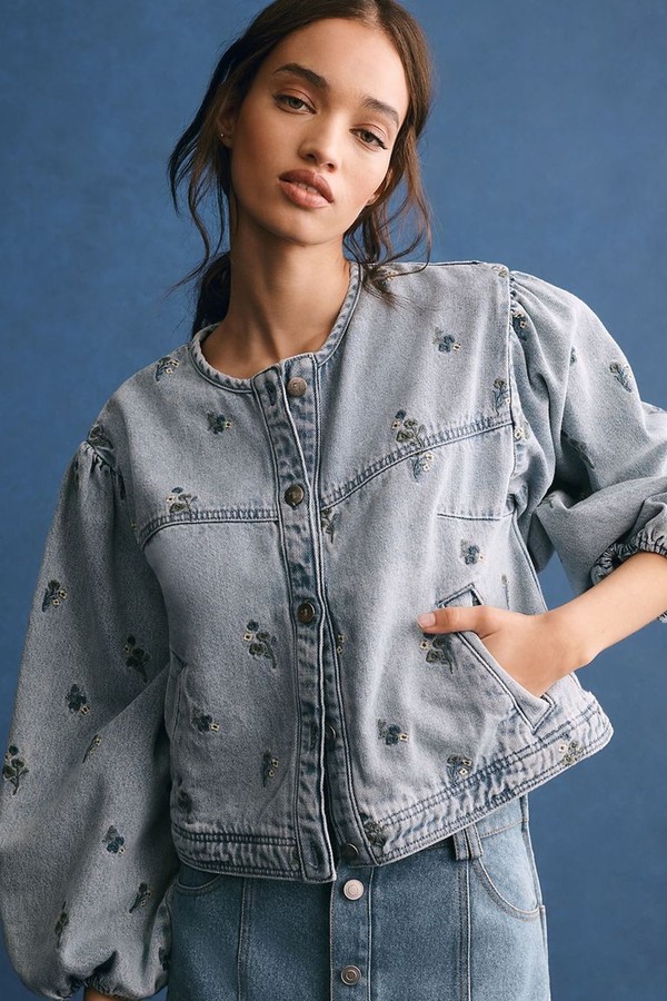 Pilcro Collarless Embroidered Denim Swing Jacket from Anthropologie