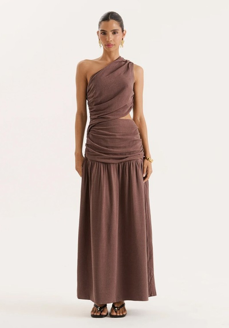 Yara Linen Blend One Shoulder Maxi Dress 