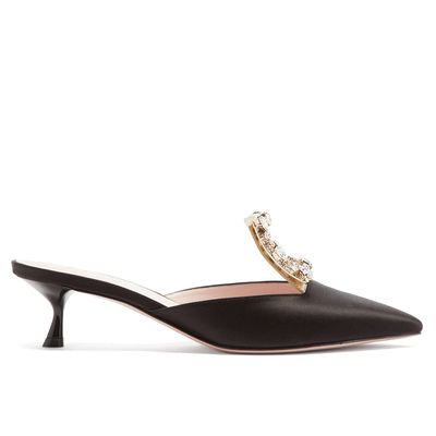 Broche Vivier Crystal-Buckle Satin Mules from Roger Vivier