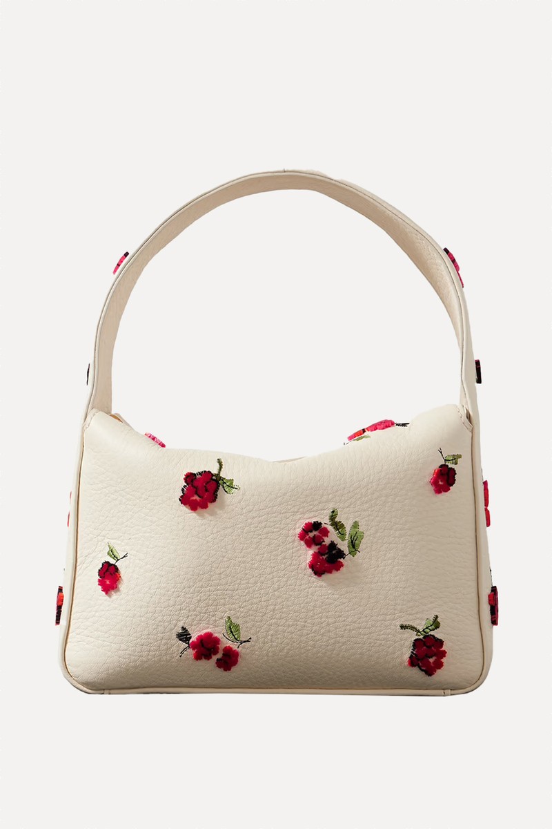 Elena Small Embroidered Appliquéd Textured-Leather Shoulder Bag from KHAITE