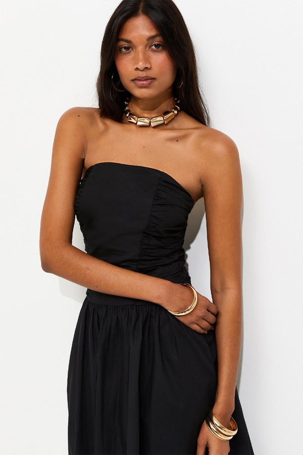 Cotton Ruched Bandeau Midi Dress