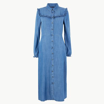 Denim Ruffle Midi Shirt Dress