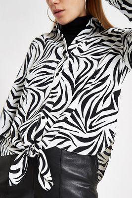 White Zebra Print Tie Front Shirt