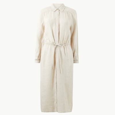 Pure Linen Striped Midi Shirt Dress