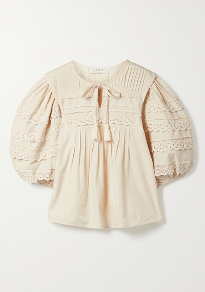 Tasseled Pleated Broderie Anglaise Cotton Blouse from Sea