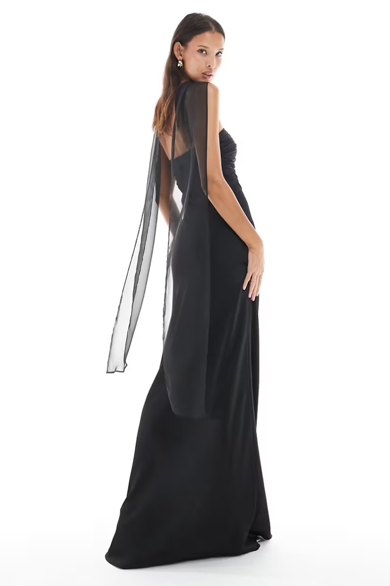 Chiffon Satin Maxi Dress With Neck Scarf from Six Stories