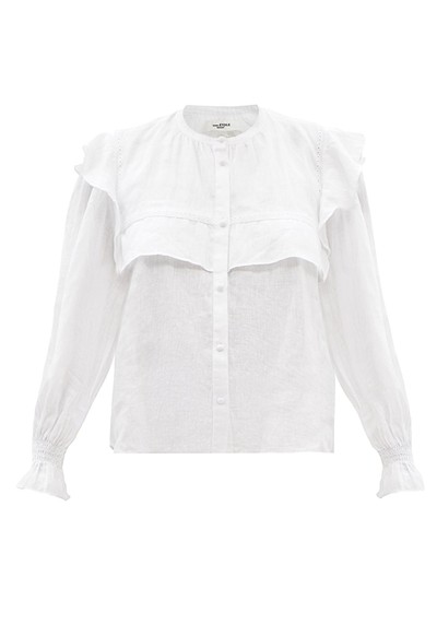 Elatedy Ruffled-Shoulder Linen Blouse