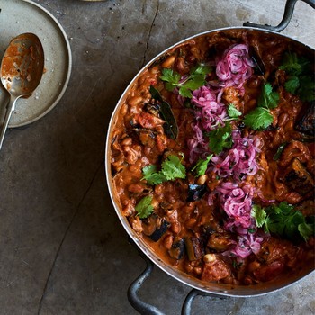 Aubergine & Peanut Stew With Pink Onions 