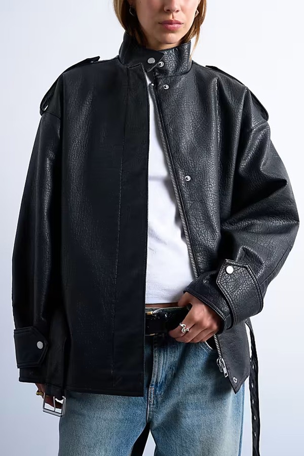 Faux Bubble Leather Short Belted Bomber Jacket from Topshop