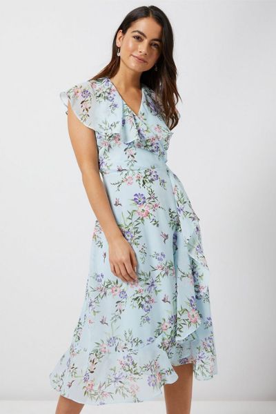 Blue Floral Print Midi Skater Dress