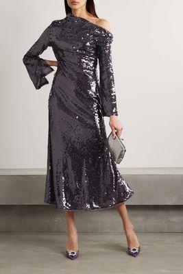 Asymmetric Sequined Mesh Midi Dress from Self Portrait