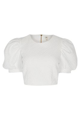 White Textured Short Puff Sleeve Cropped Top from River Island