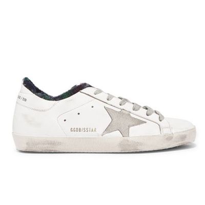 Superstar Distressed Flannel-lined Leather Sneakers from Golden Goose