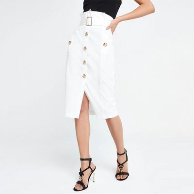 White Belted Paperbag Pencil Skirt