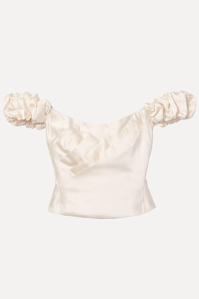 Ileana Off-The-Shoulder Cropped Pleated Satin Top from LoveShackFancy