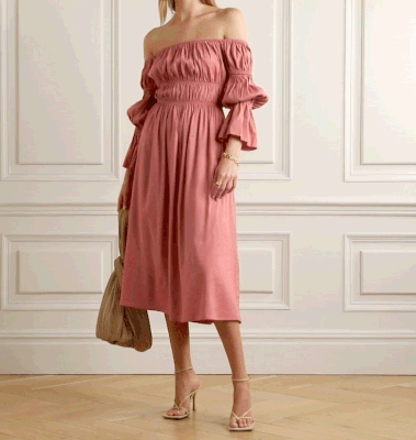 Stella Off-The-Shoulder Ruched Linen-Blend Midi Dress, £345 | Cult Gaia