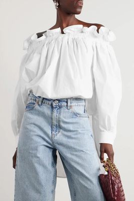 Meryl Off-The-Shoulder Ruffled Cotton-Poplin Blouse, £485 | AZ Factory