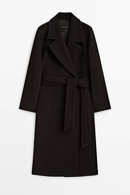 Wool Blend Robe Coat with Belt 