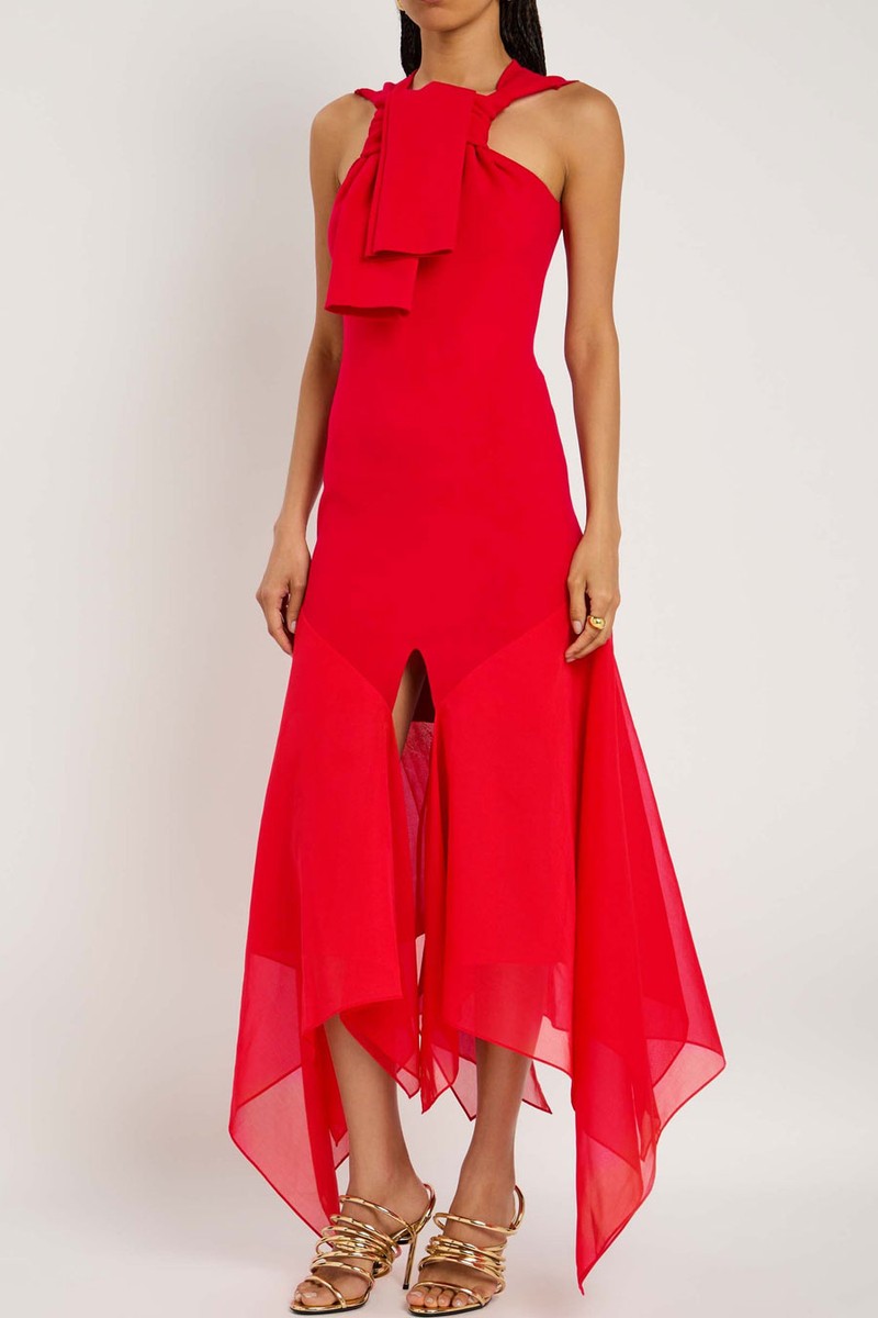 Chiffon & Knit Knotted-Neckline Midi Dress from A.W.A.K.E MODE