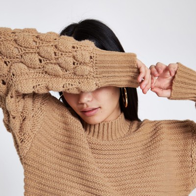 Brown Knit Bobble Sleeve Jumper