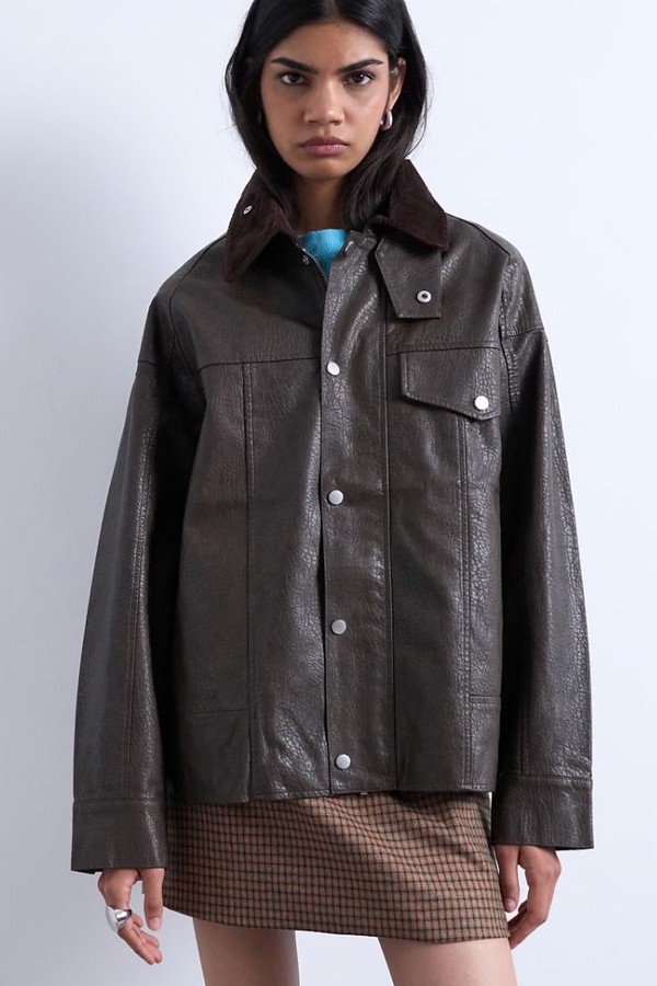 Faux Leather Cord Collar Jacket