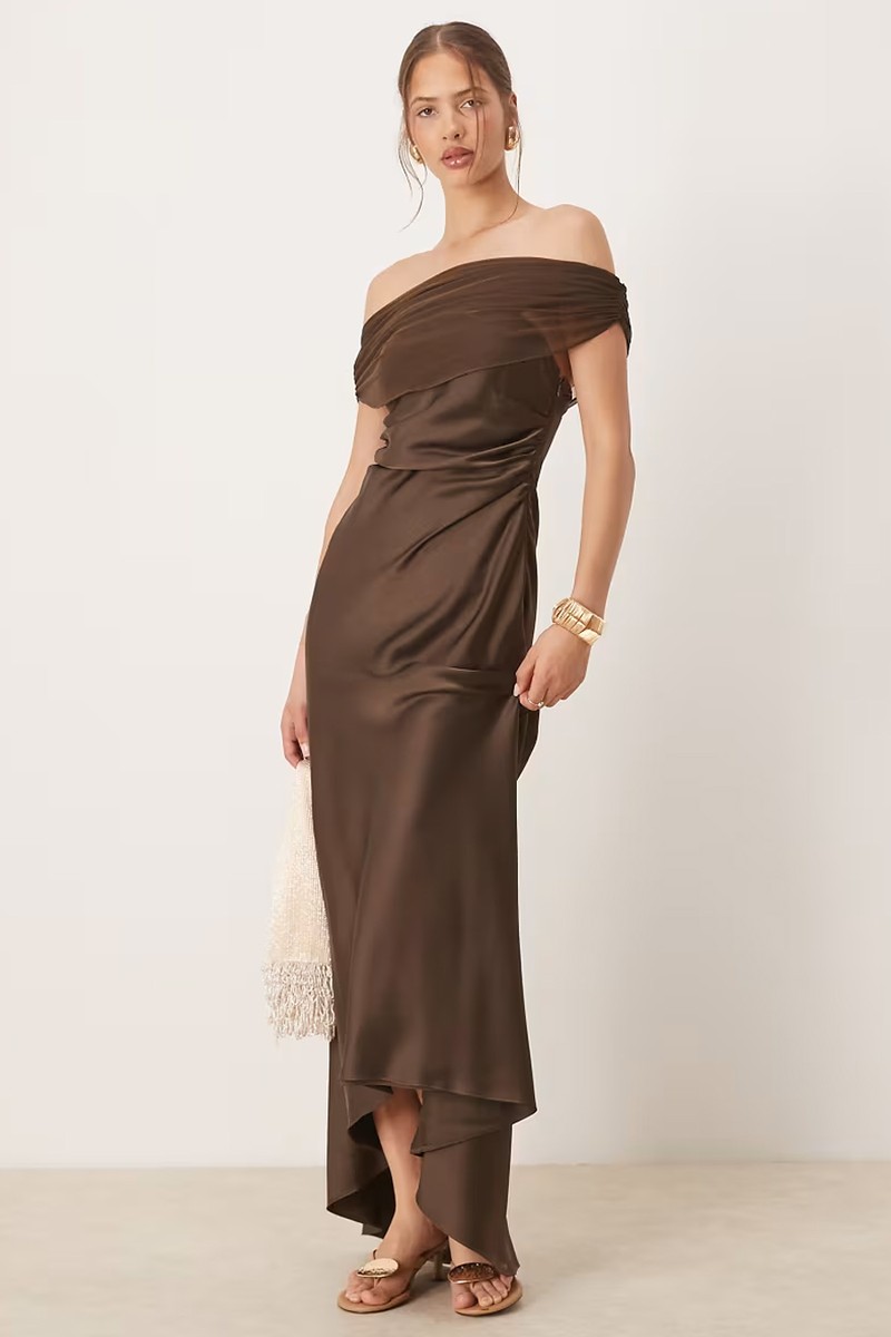 Off Shoulder Mesh Satin Midaxi Dress from Six Stories
