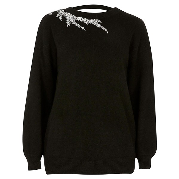 Black Embellished Neck Knitted Jumper