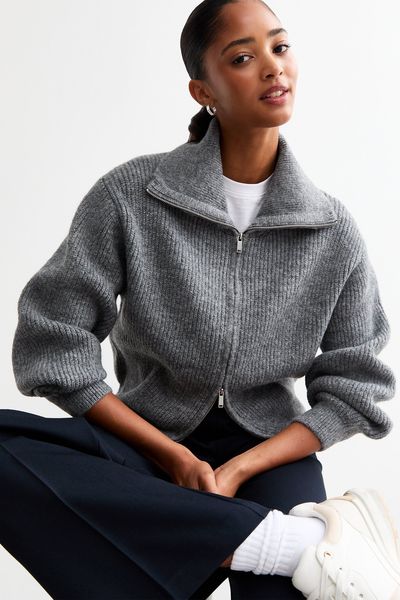 Rib Knit High Neck Cardigan