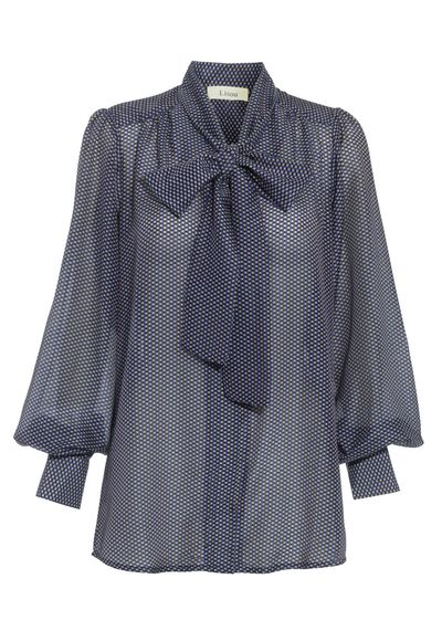 Peony Blue Guinea Print Tie-Neck Silk Shirt