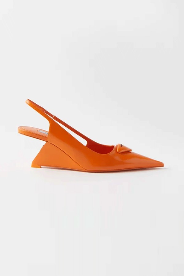 Triangle-Logo Leather Slingback Wedge Pumps from Prada