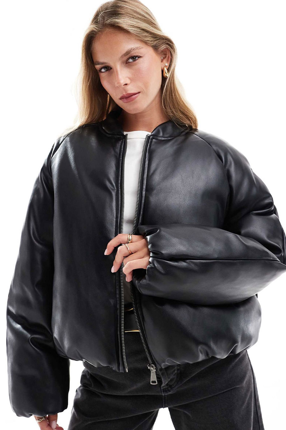 Leather Look Padded Bomber Jacket With Bubble Hem from ASOS