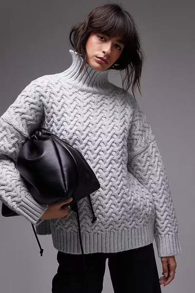 Knitted Weave Cable High Neck Oversized Jumper