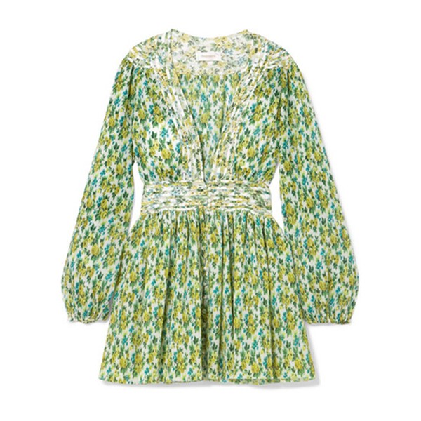 Golden Floral-Print Plissé-Chiffon Mini Dress