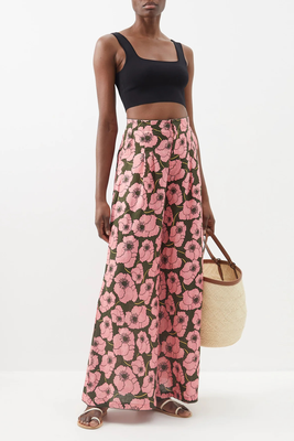 Pinon Floral-Print Linen Wide-Leg Trousers  from Agua By Agua Bendita