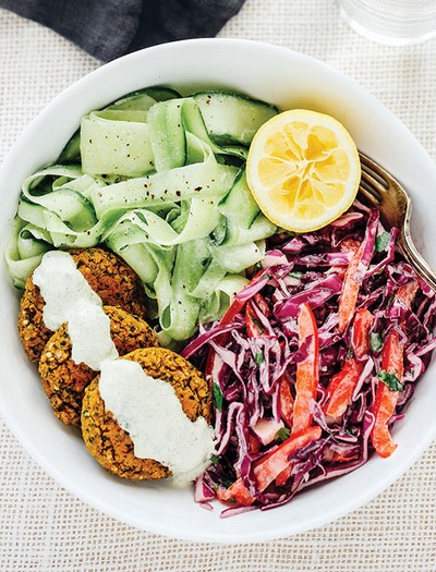 Cucumber Noodles And Falafel With Tzatziki Slaw