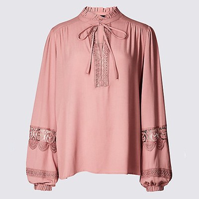 Notch Neck Long Sleeve Blouse