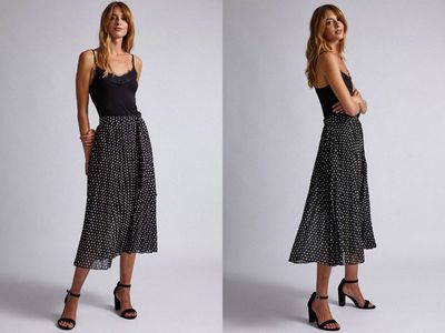 Black Polka Dot Print Button Midi Skirt